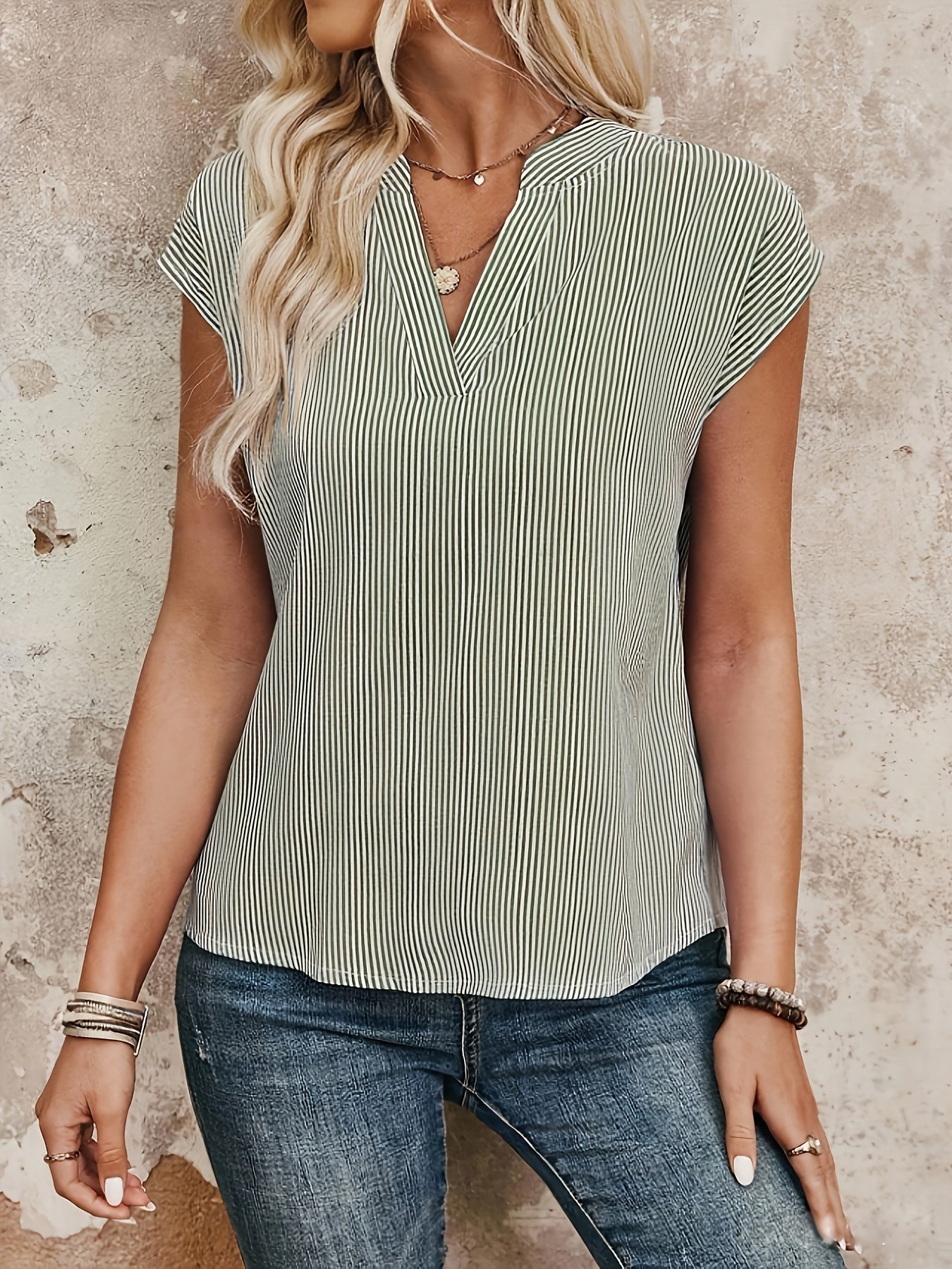 Women's Blouse Shirt with Stripe Pattern and V-Neck – Elegant Casual Style for Everyday and Office