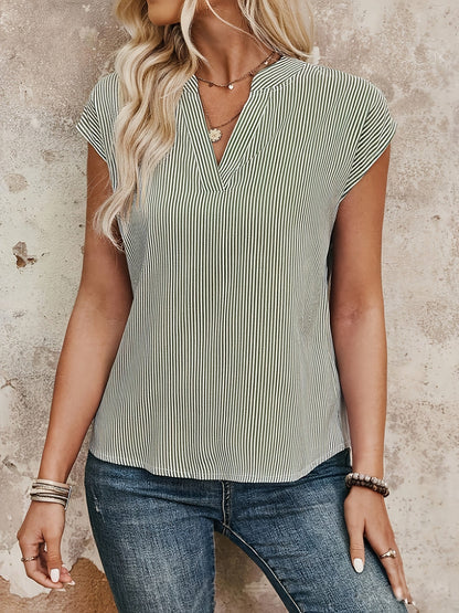Women's Blouse Shirt with Stripe Pattern and V-Neck – Elegant Casual Style for Everyday and Office
