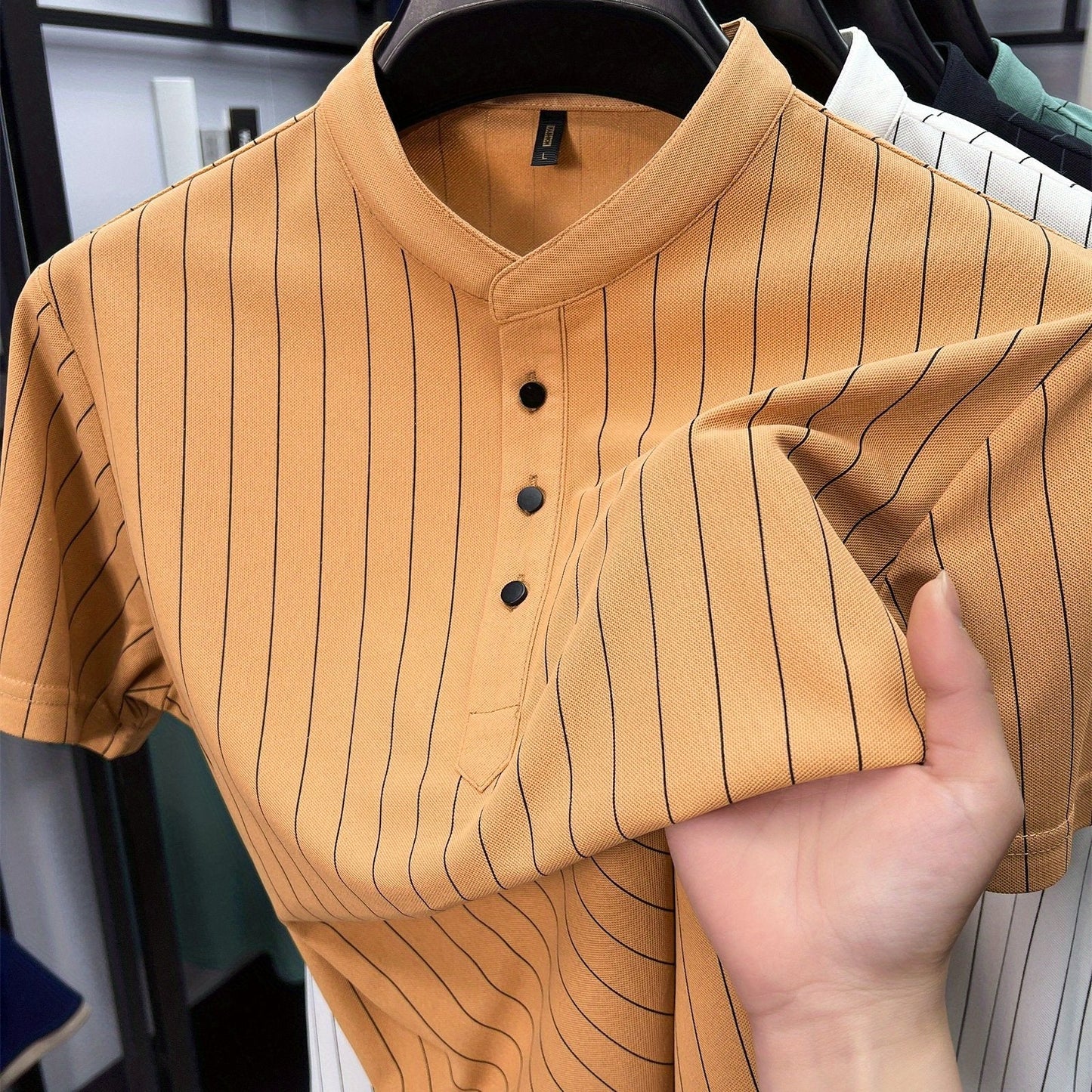 Men's Short-Sleeve Shirt with Stand-Up Collar and Pinstripes – Modern Casual and Business Design