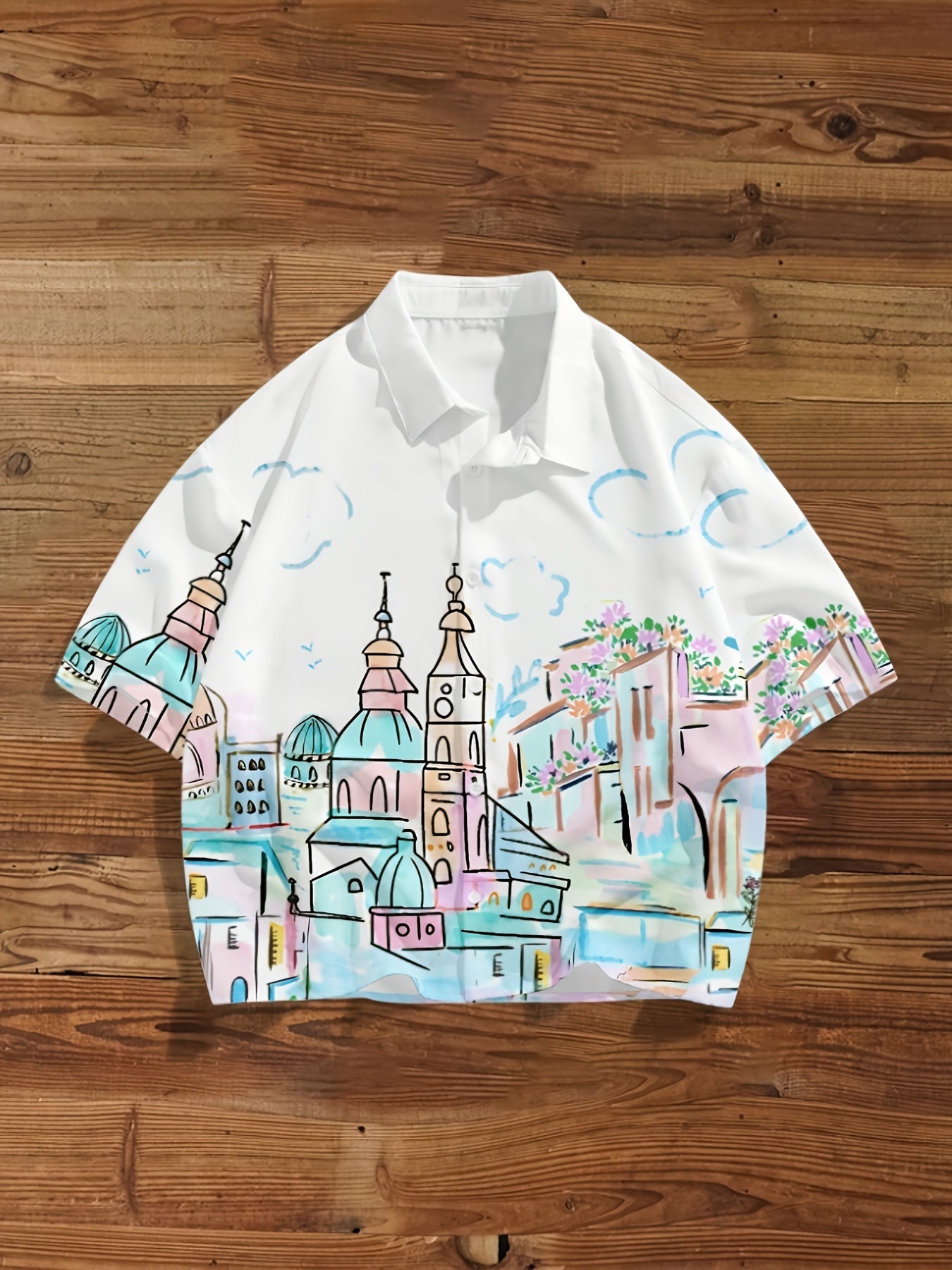 Men's short-sleeve shirt with artistic city motif – Modern casual and summer shirt