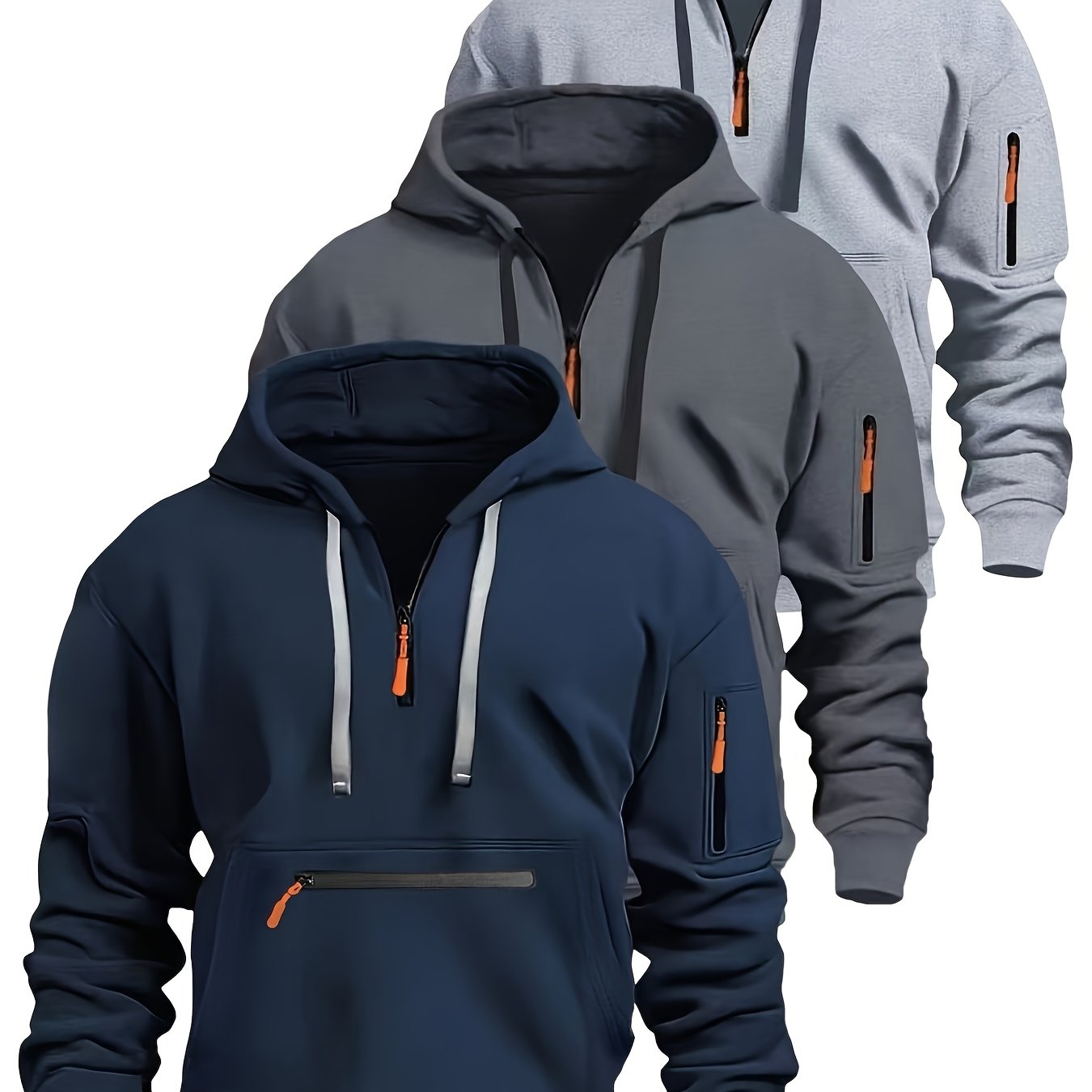 Men's hoodie with zipper and kangaroo pocket, drawstring, long sleeves