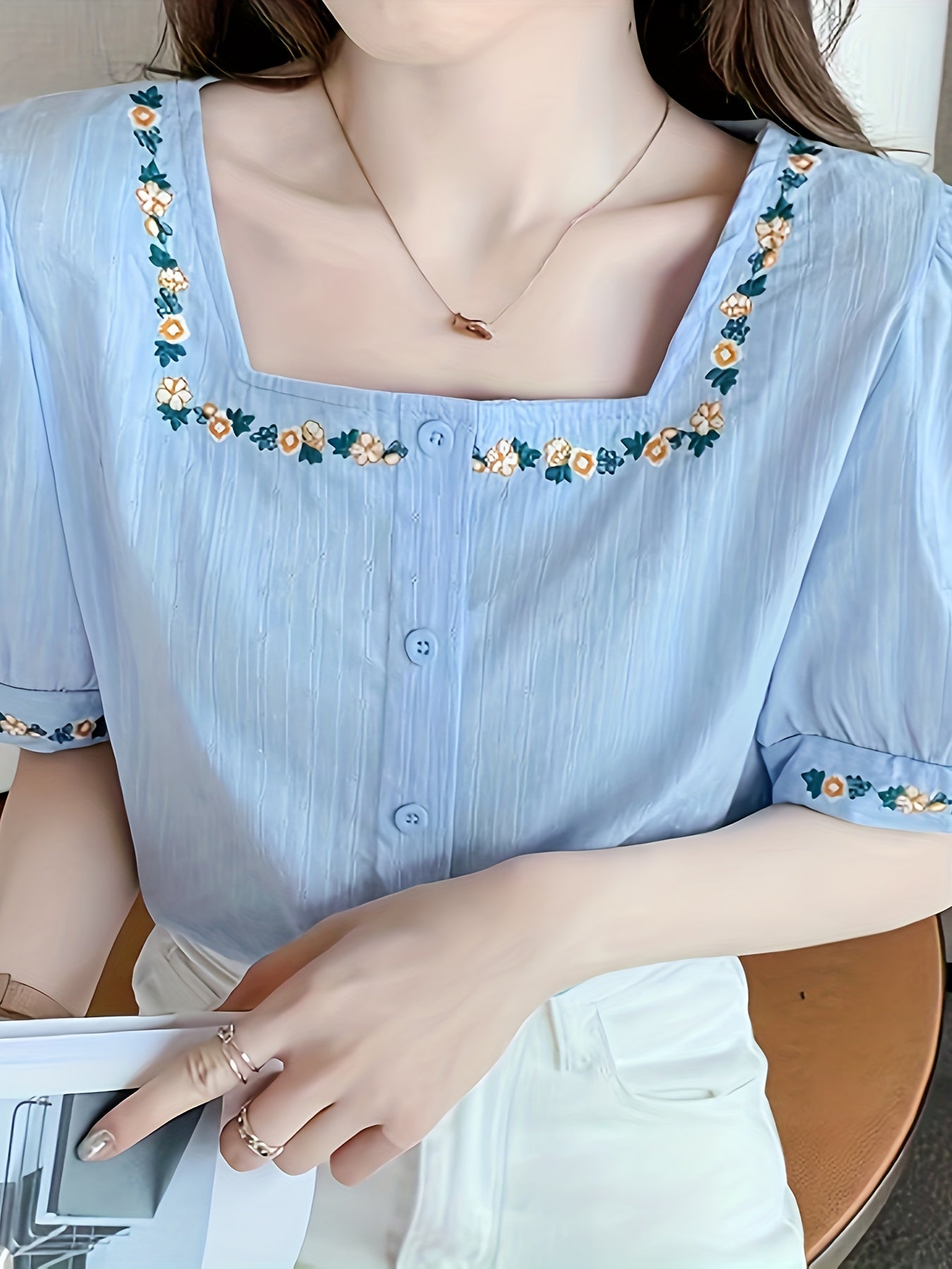 Women's Blouse with Embroidery and Square Neckline – Elegant Spring and Summer Style