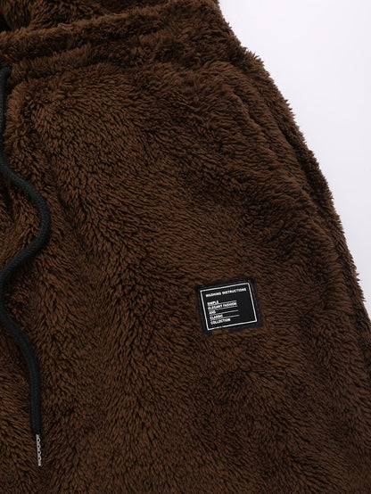 Plush hoodie and shorts set with bear ears, brown, cozy 2-piece outfit