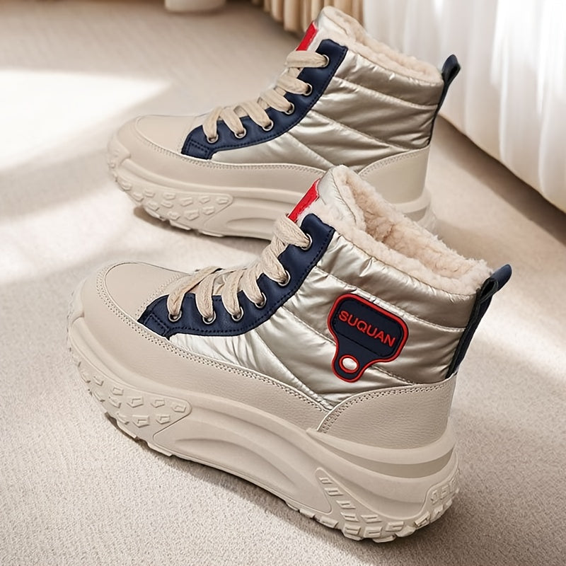 Women's winter boots, warm-lined beige high-top sneakers