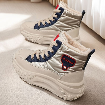 Women's winter boots, warm-lined beige high-top sneakers