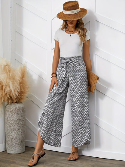 Women's Elegant Wide-Leg Wrap Pants with Geometric Pattern for Spring and Summer