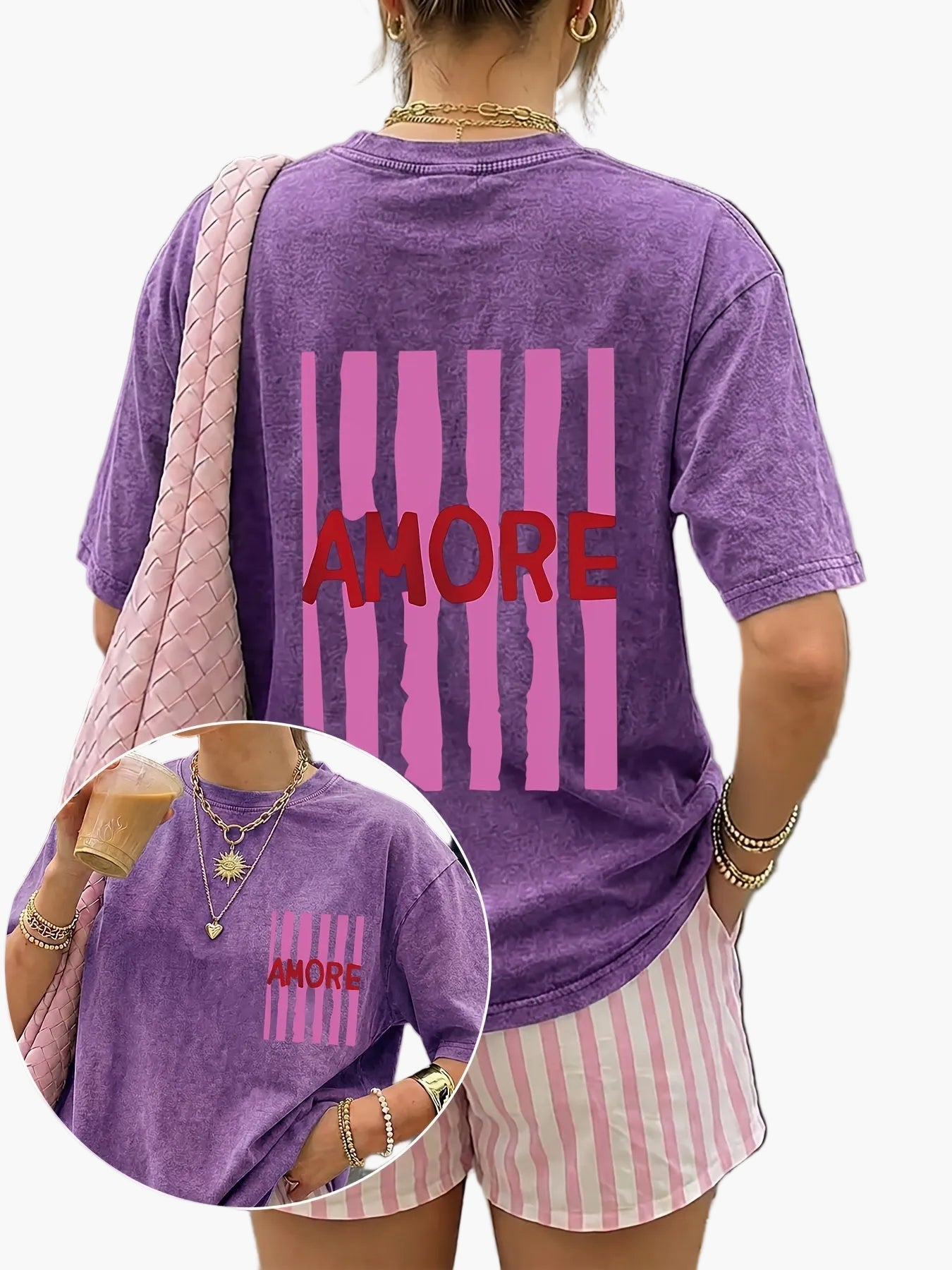 Women's Oversize Casual T-Shirt with 'AMORE' Print and Stripes – Summer Streetwear