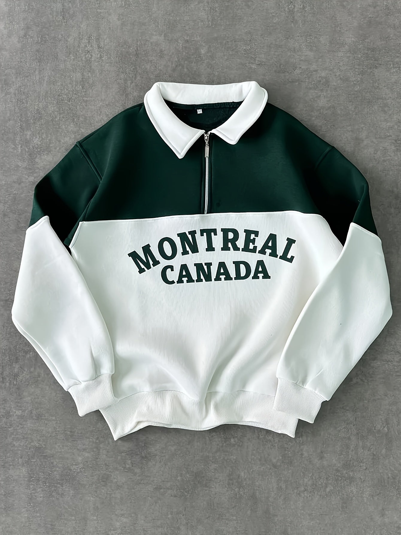 Unisex long-sleeve sweatshirt with collar, zipper, and “Montreal Canada” print – Green/White