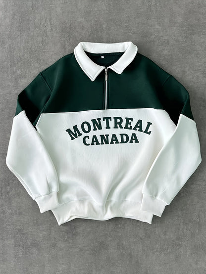 Unisex long-sleeve sweatshirt with collar, zipper, and “Montreal Canada” print – Green/White