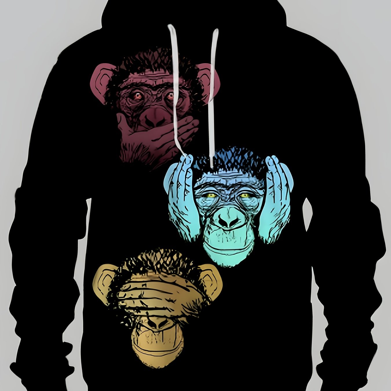 Unisex Hoodie Schwarz mit „Drei Affen“ Motiv – Nicht sehen, nicht hören, nicht sprechen