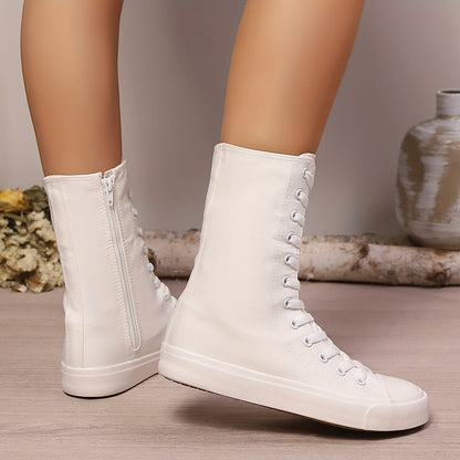 High-top canvas sneaker boots with laces and a zipper for women