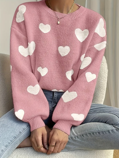 Women's sweater with heart pattern, crew neck, long-sleeve knit sweater