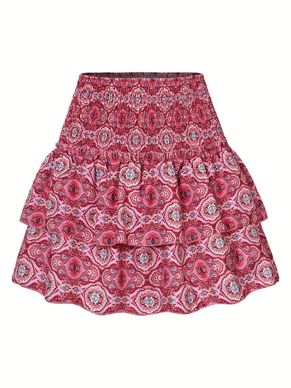 Women's mini skirt with tropical pattern and ruffles – summer, elegant, casual