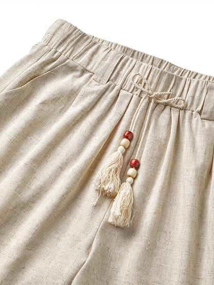 Men's Boho-Style Shorts with Decorative Drawstring and Tassels – Casual Summer Pants for Leisure and Vacation