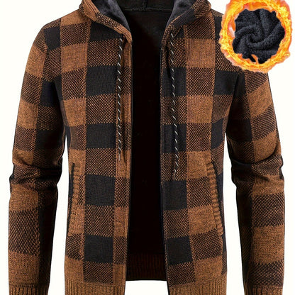 Herren Karierte Strickjacke mit Kapuze und Reißverschluss, gefüttert