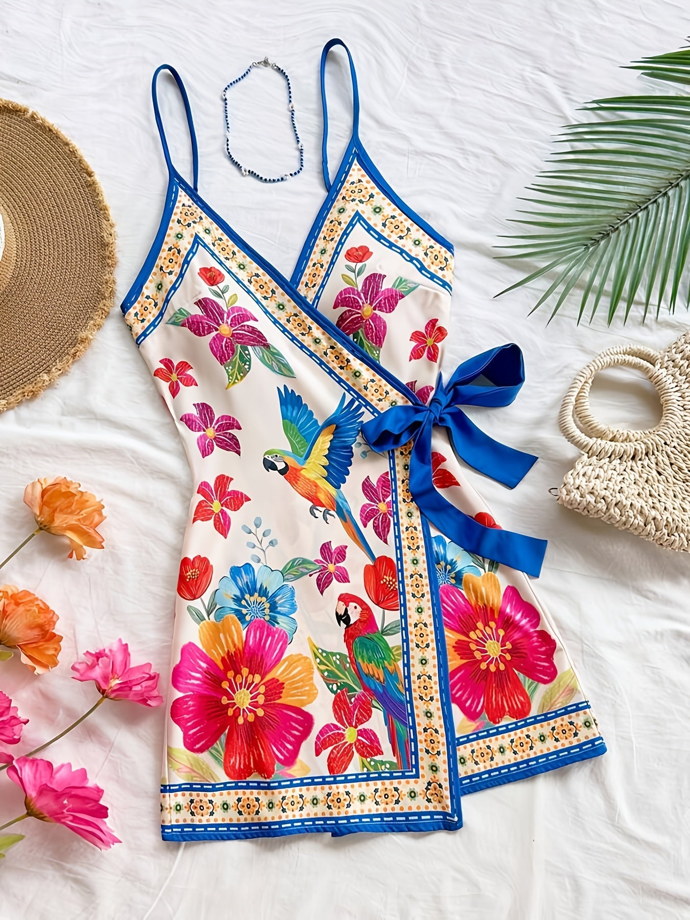 Women's summer wrap dress with tropical print and floral pattern – Perfect for vacation and leisure