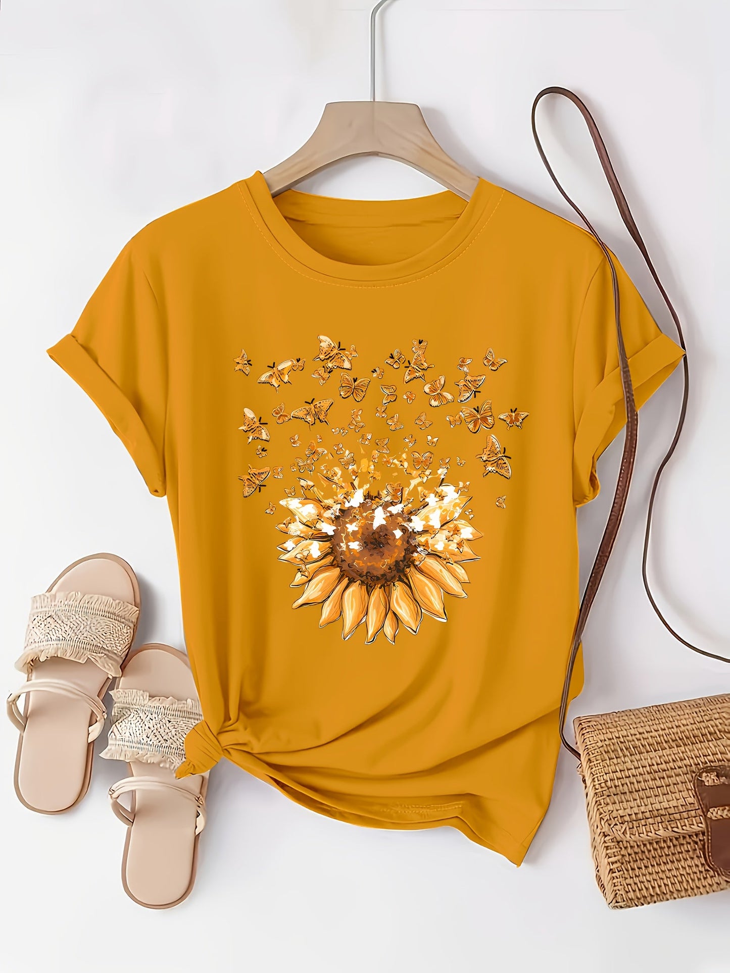 Women's T-shirt with Sunflower and Butterfly Print, Casual Style, Spring/Summer