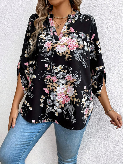 Women's Elegant Blouse with Floral Pattern and V-Neck – Perfect for Everyday & Office