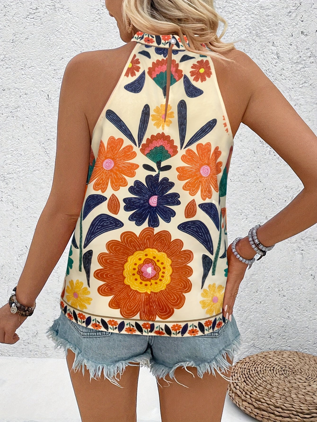 Women's Elegant Summer Top with Floral Pattern and High Collar – Fashionable Casual Shirt for Vacation & Everyday Wear