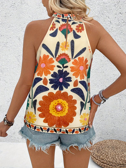Women's Elegant Summer Top with Floral Pattern and High Collar – Fashionable Casual Shirt for Vacation & Everyday Wear