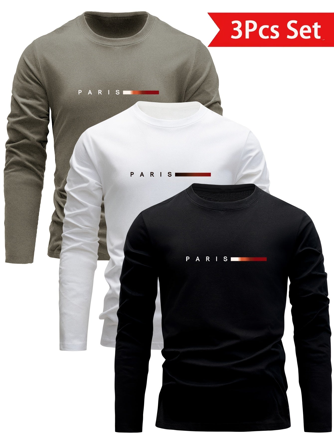 Men's long-sleeve T-shirt 3-piece set "Paris" crew neck