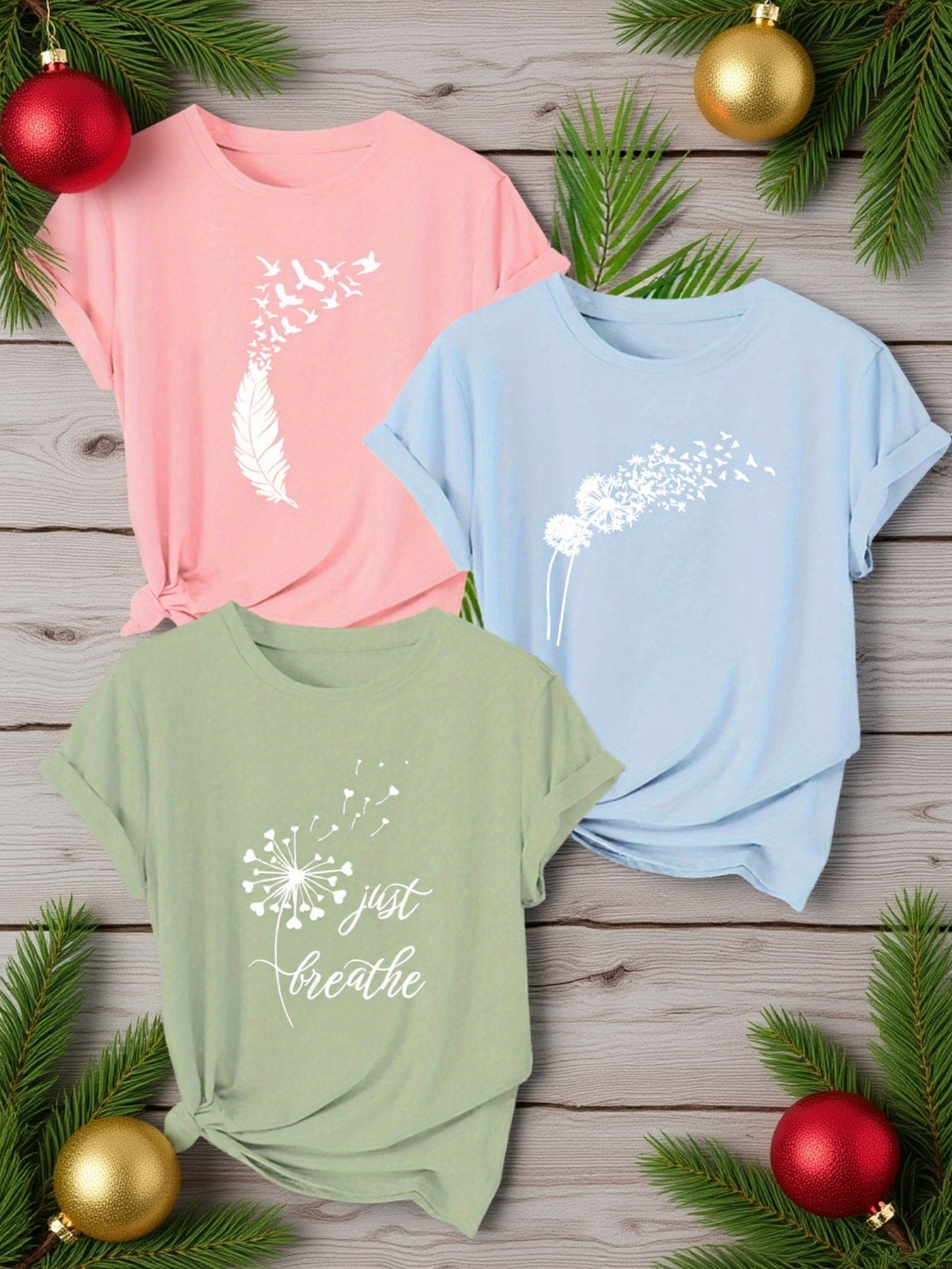 Women's Graphic T-Shirt with Nature Motifs and Inspirational Quote – Short Sleeve, Casual, Modern