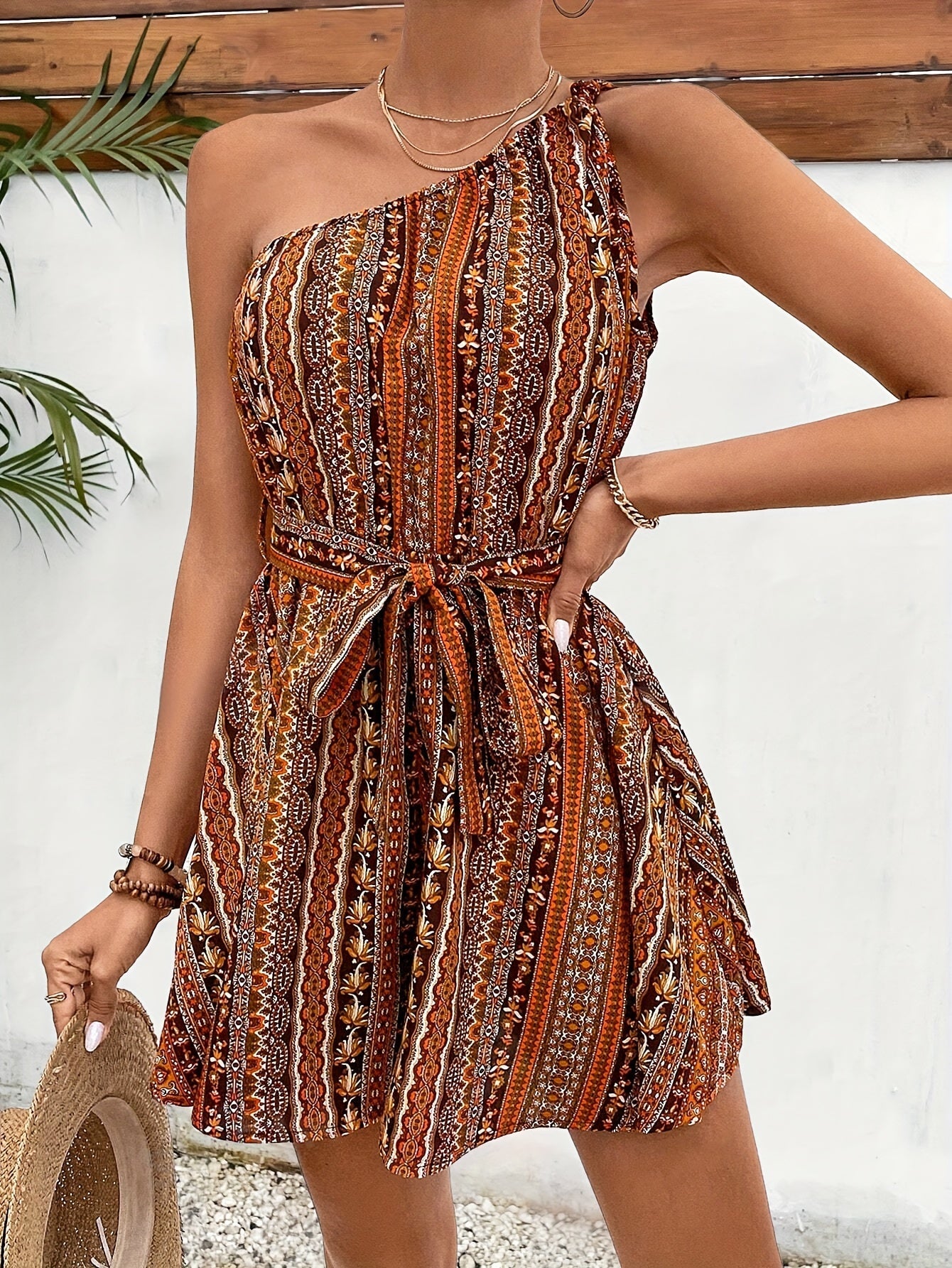 Women's One-Shoulder Summer Dress in Boho Tribal Style for Vacation and Leisure
