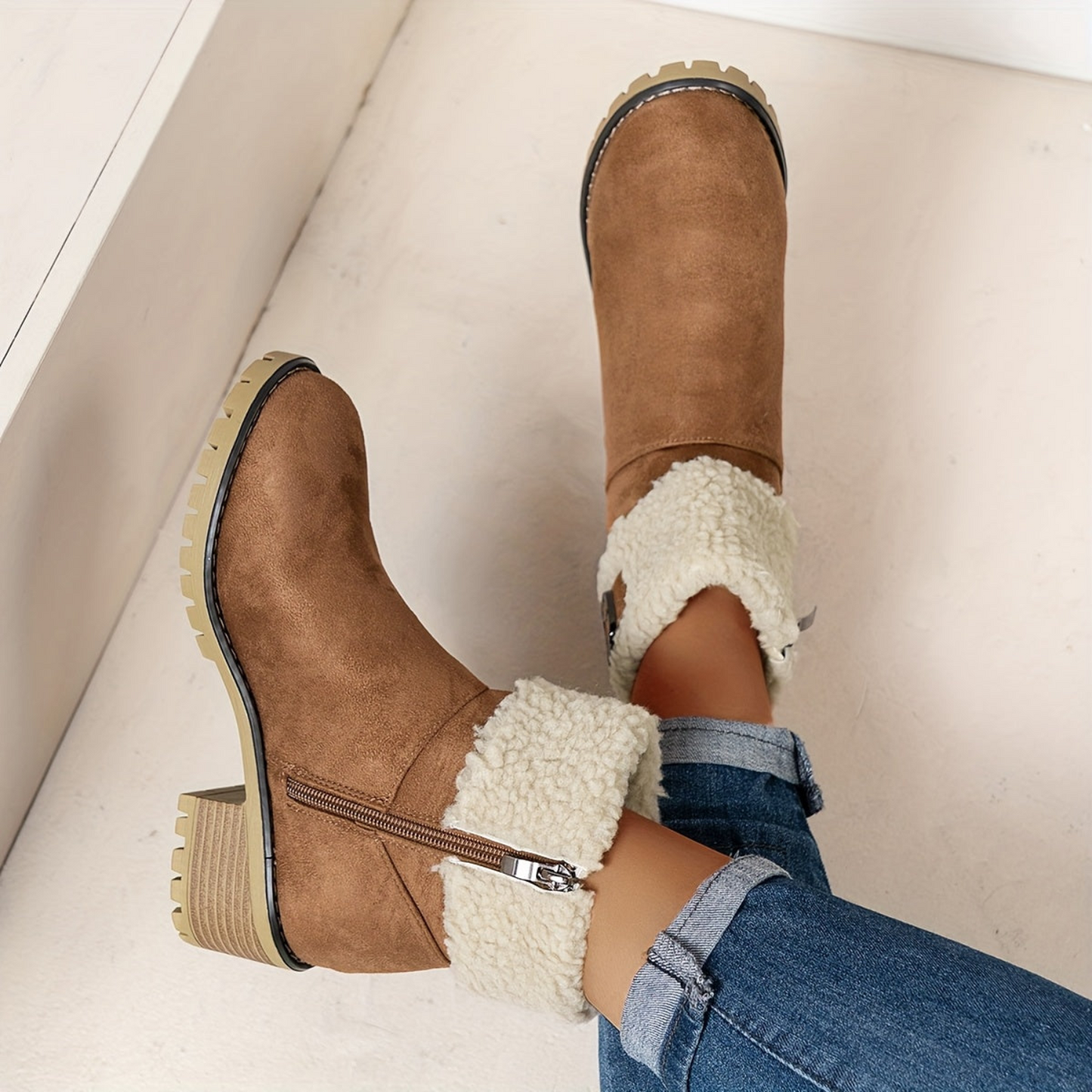 Women’s short winter boots with warm lining, buckle, and heel