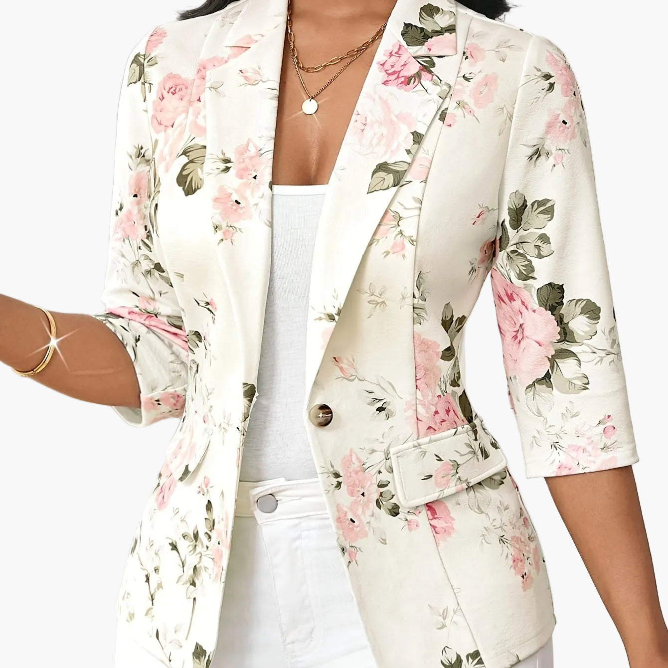 Women's Elegant Blazer with Floral Pattern and 3/4 Sleeves for Office and Casual Wear