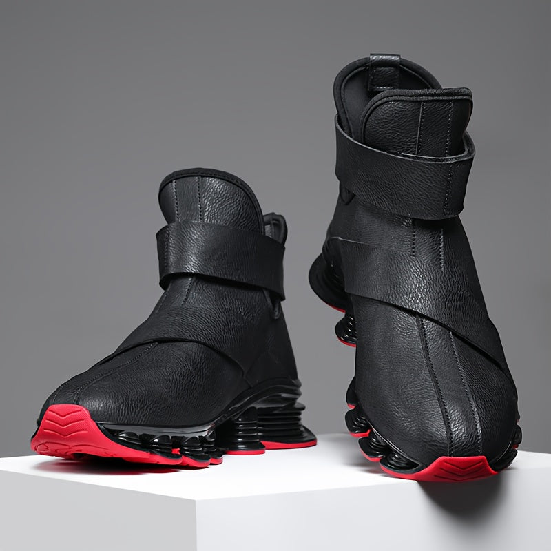 Men's black high-top sneaker boots with a red sole, laces, and Velcro closure