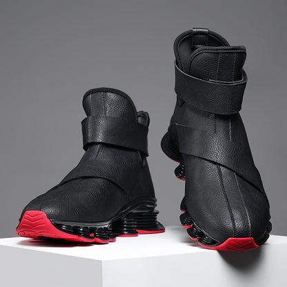 Men's black high-top sneaker boots with a red sole, laces, and Velcro closure