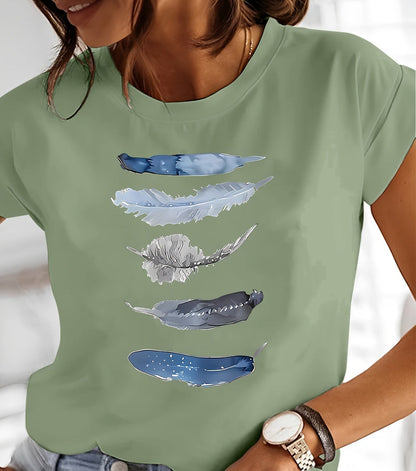 Damen T-Shirt mit künstlerischem Feder-Print, lässiges Design für Alltag und Freizeit