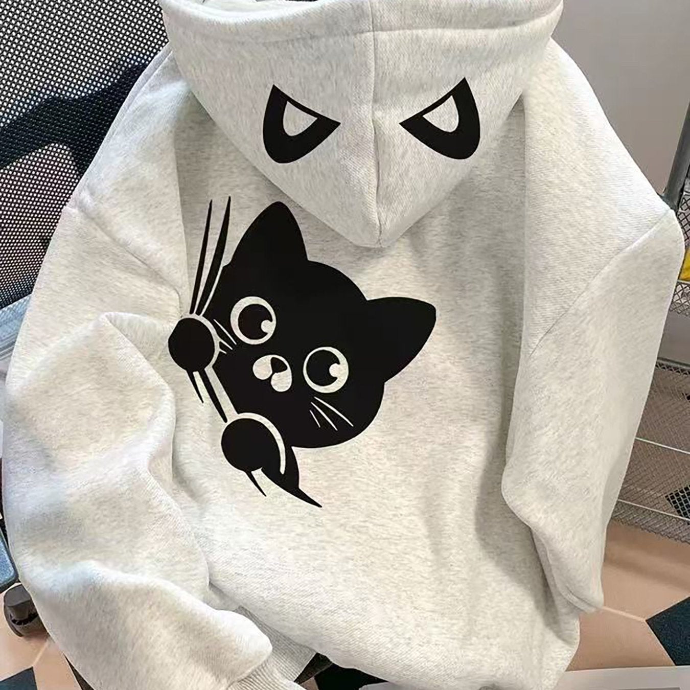 Gray hoodie with cat print, unisex pullover hoodie