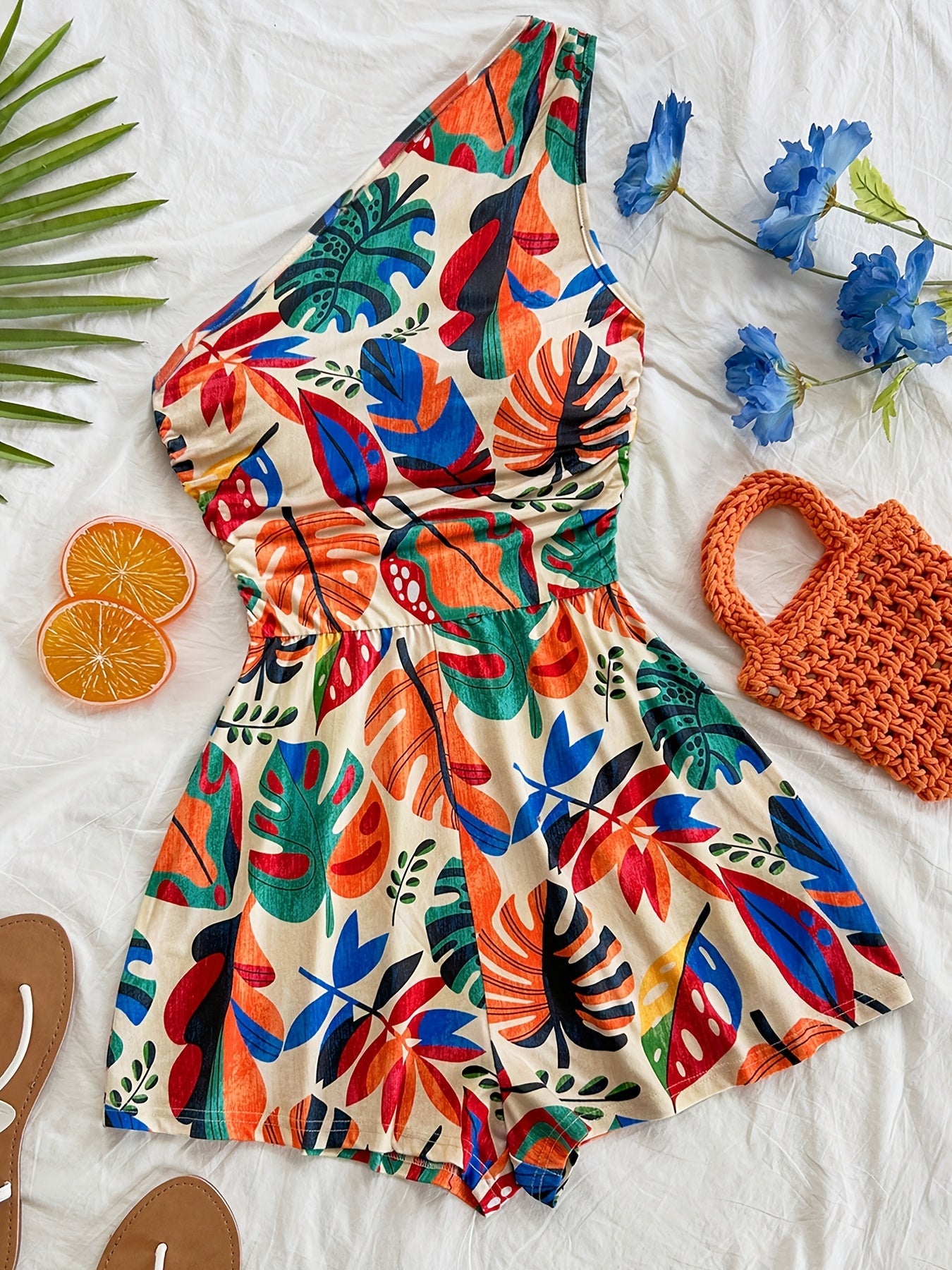 Women's One-Shoulder Jumpsuit with Tropical Print – Summer Fashion for Vacation & Leisure