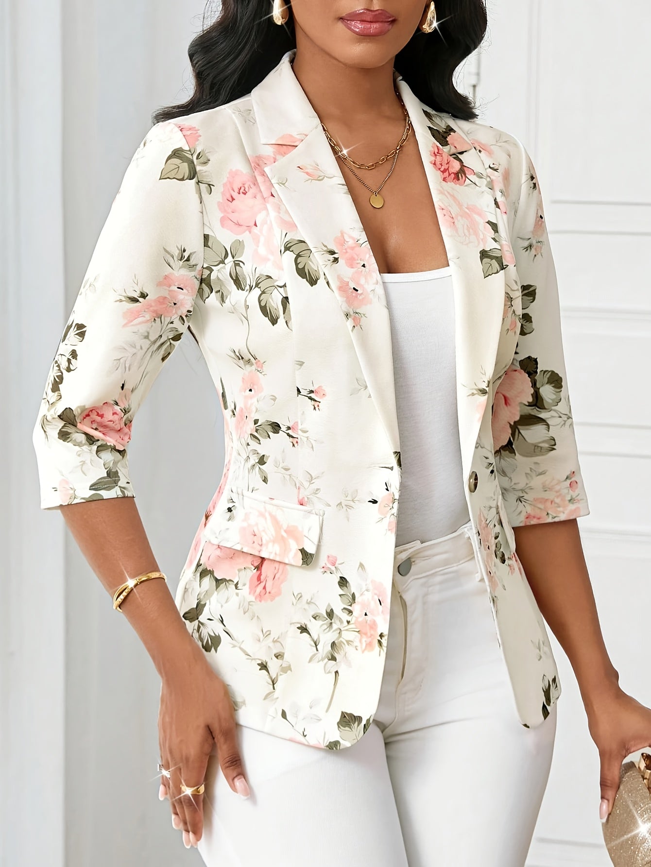 Women's Elegant Blazer with Floral Pattern and 3/4 Sleeves for Office and Casual Wear