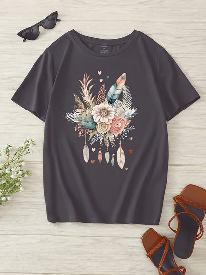 Women's T-Shirt with Floral Feather Graphic – Casual Summer Style