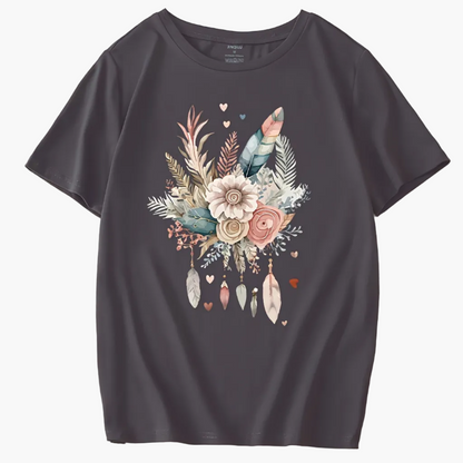 Women's T-Shirt with Floral Feather Graphic – Casual Summer Style