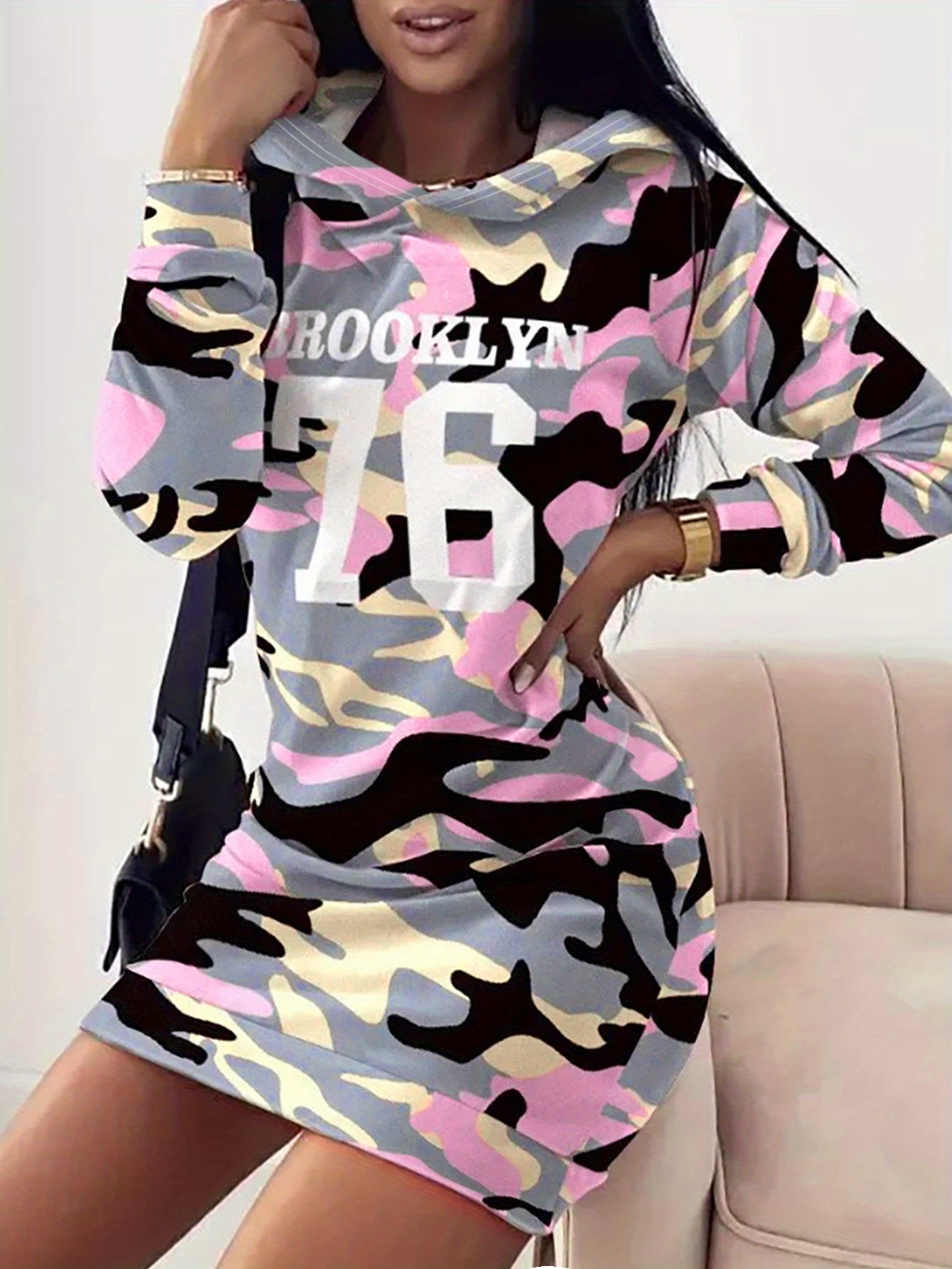 Women's camouflage hoodie dress, pink and gray, Brooklyn 76, long sleeve