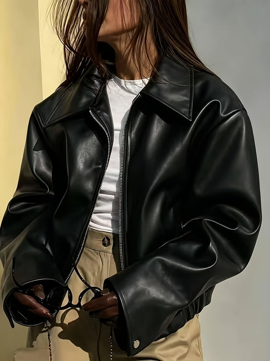 Women's leather-look bomber jacket with zipper and collar