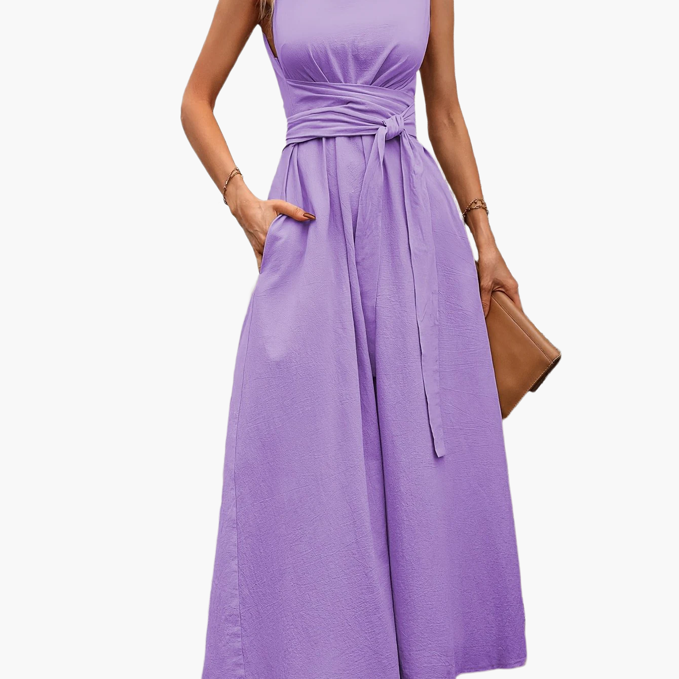 Women's Elegant Sleeveless Jumpsuit with Tie Belt and Wide Legs – Perfect for Summer and Leisure