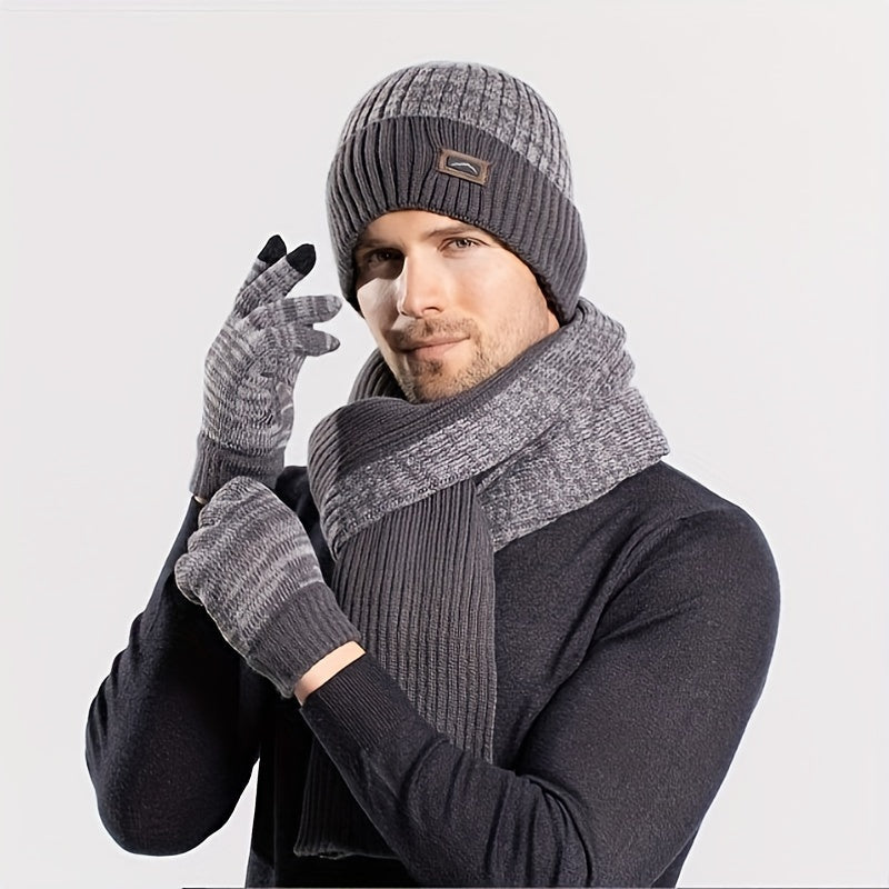 Strickmütze Schal Handschuhe Set Herren Warm Grau Winters Set