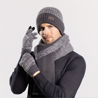 Strickmütze Schal Handschuhe Set Herren Warm Grau Winters Set