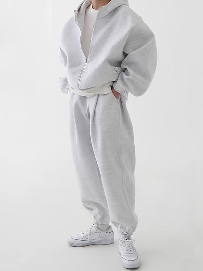 Hoodie & Jogginghose Set Unisex - Grau Melange Sportanzug mit Reißverschluss