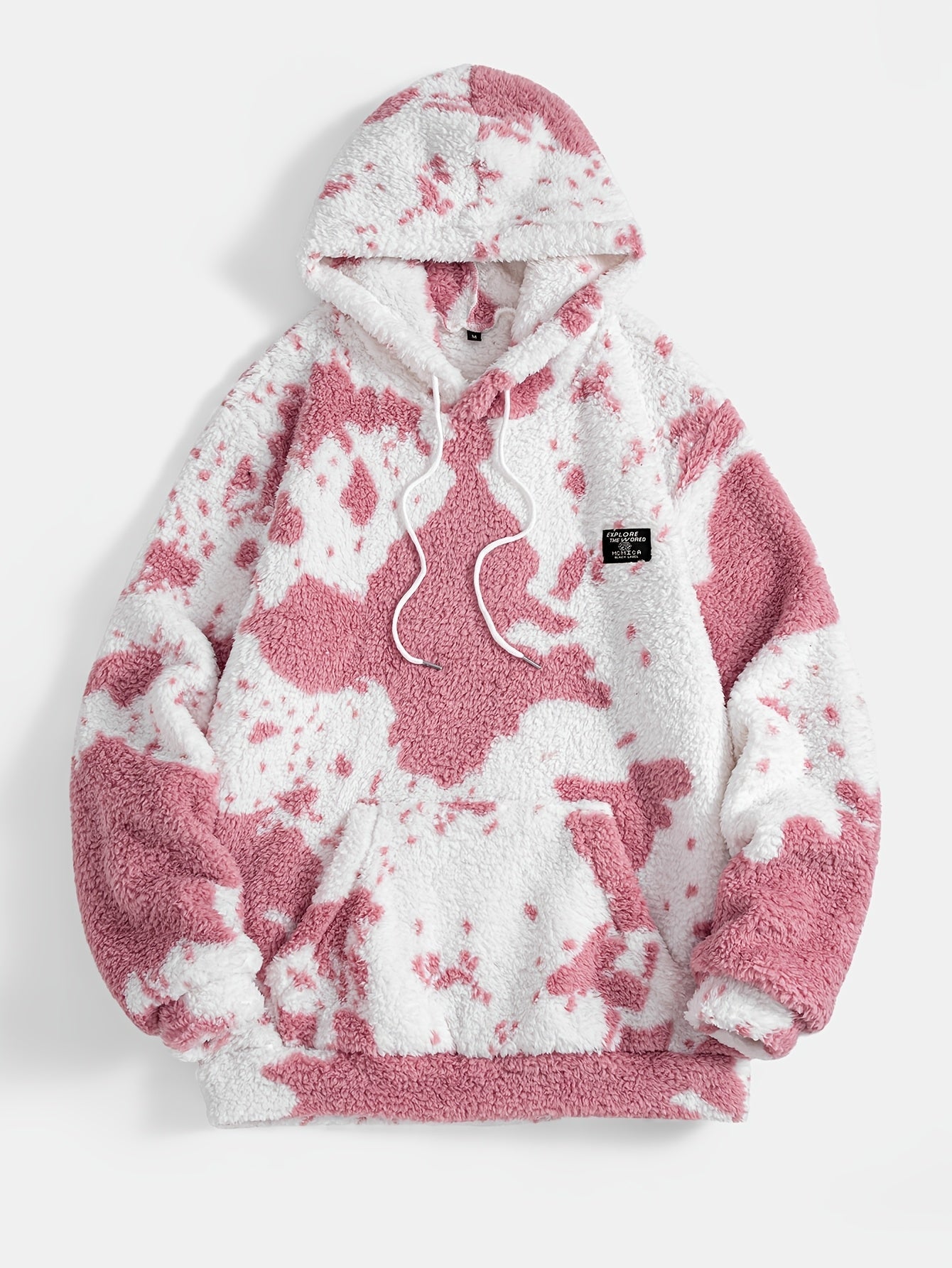 Teddyfleece Hoodie Kuhflecken-Muster mit Kängurutasche und Kapuze