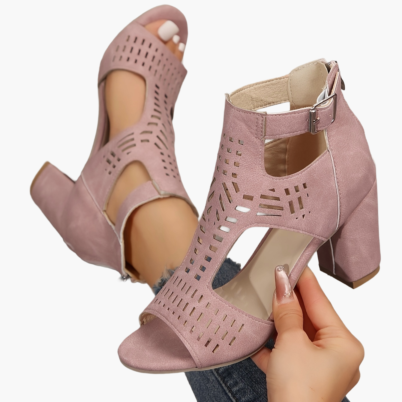 Women's high heel sandals with block heel and cut-out design – fashionable casual shoes for any occasion
