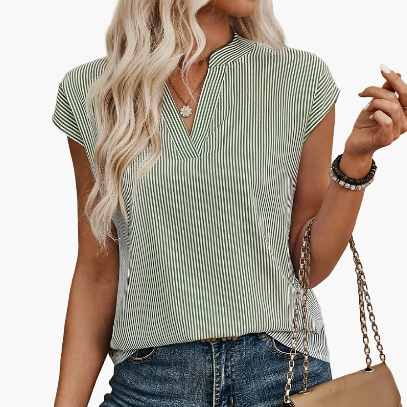 Women's Blouse Shirt with Stripe Pattern and V-Neck – Elegant Casual Style for Everyday and Office