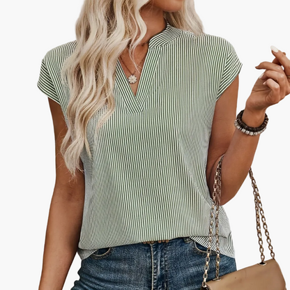 Women's Blouse Shirt with Stripe Pattern and V-Neck – Elegant Casual Style for Everyday and Office