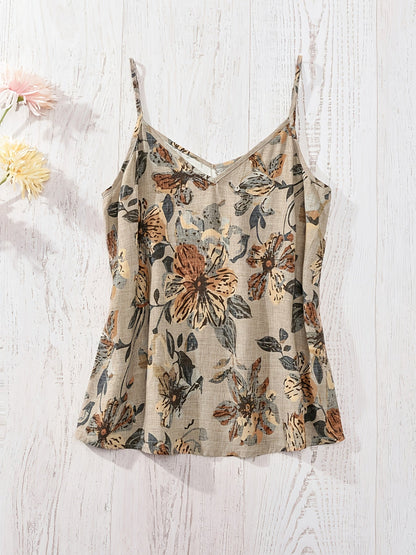 Women's summer top with floral pattern, V-neck, spaghetti straps, casual blouse for vacation and everyday wear