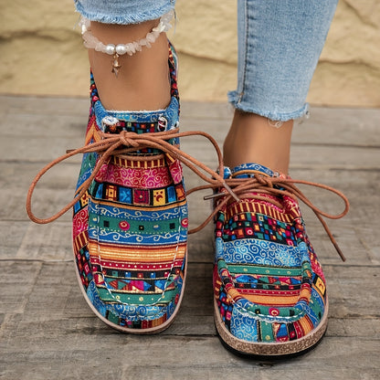 Women's Vintage Casual Shoes with Colorful Ethnic Pattern and Laces – Fashionable Penny Loafers for Everyday & Travel