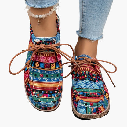 Women's Vintage Casual Shoes with Colorful Ethnic Pattern and Laces – Fashionable Penny Loafers for Everyday & Travel